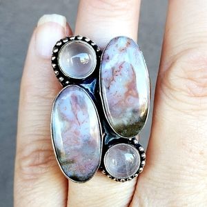 New Rhodochrosite & Rose Quartz 925 Silver Ring